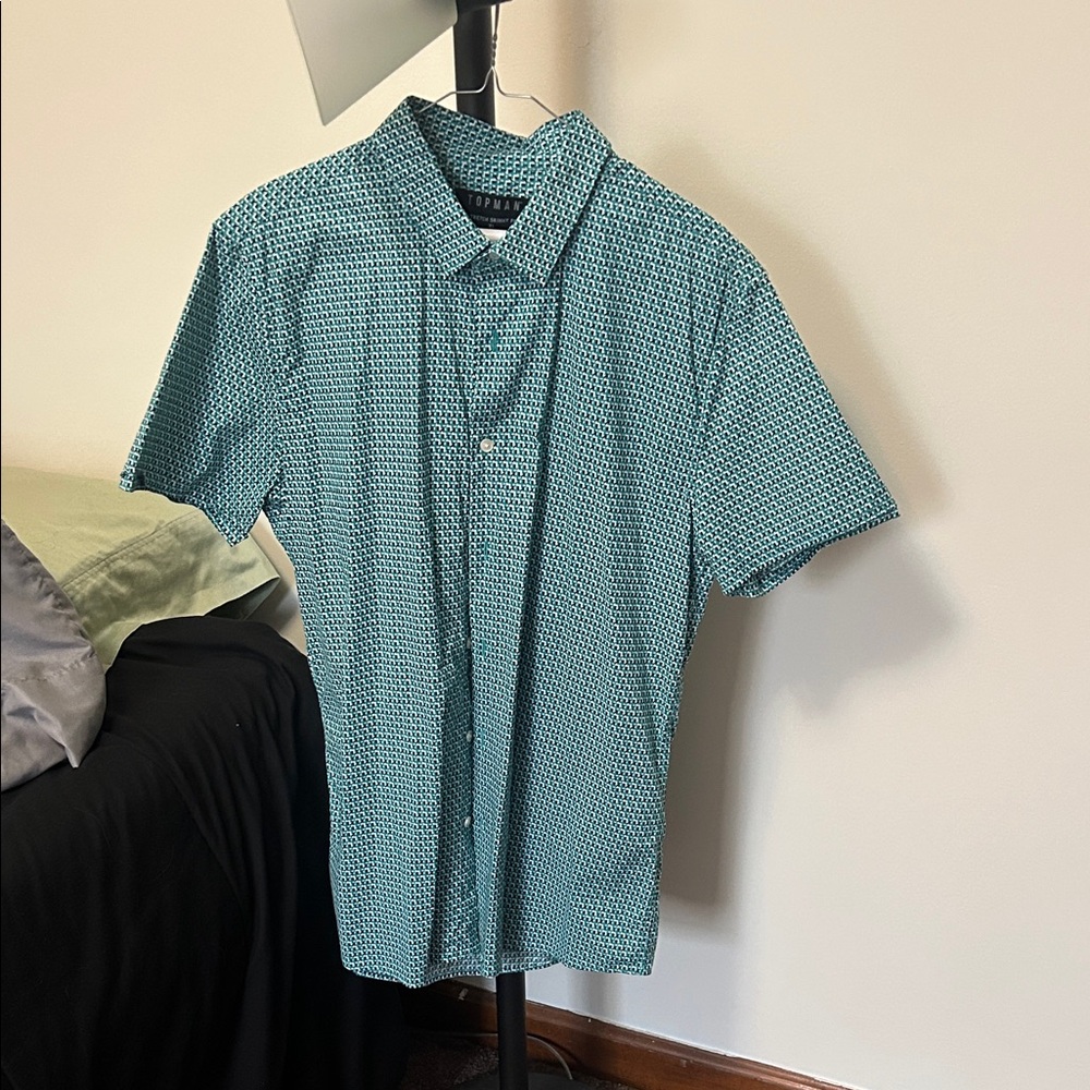 Topman Teal Patterned Short Sleeve Shirt